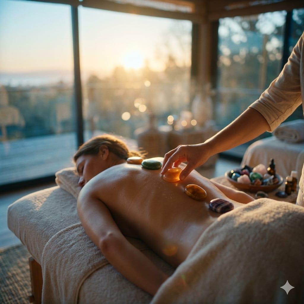 Masaż Ratnaabhyanga – kamienie półszlachetne i stół do masażu